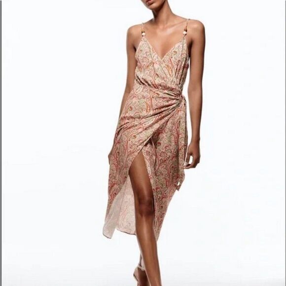 Zara Pink Paisley Beaded Wrap Closure Sleeveless Dress